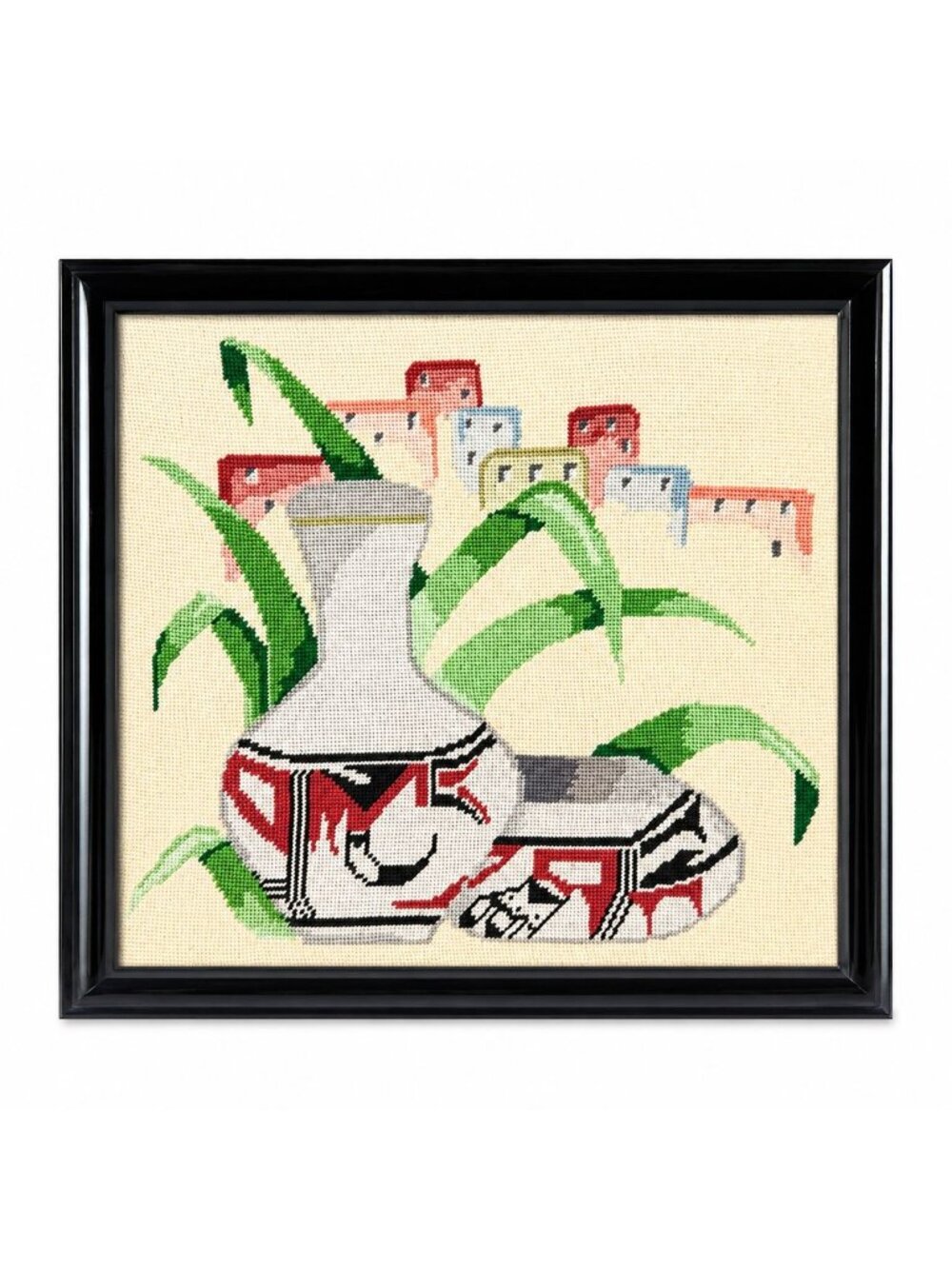 Needlepoint Framed Handmade Southwest Acoma Polychrome Jar Native Wall Art Vinta